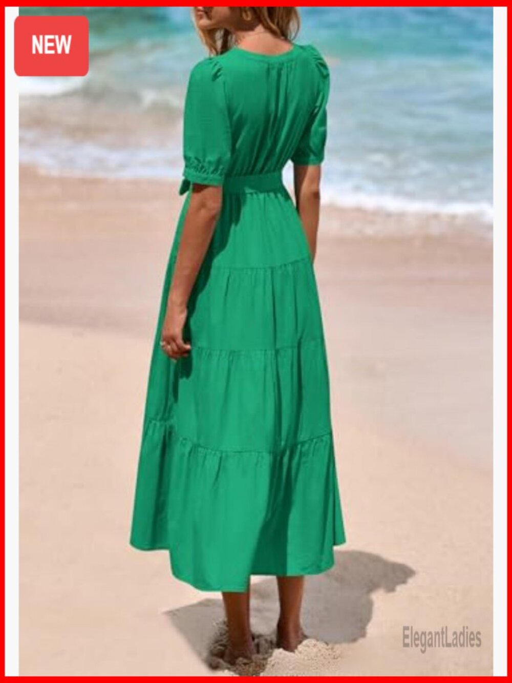 Short Sleeve V Neck Ruffle A Line Midi Dress with Belt - Picture 2 of 7